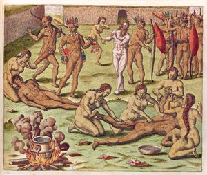 Navigatio in Brasiliam Americae, Immolazione di un Barbaro (pagina 525), 1563